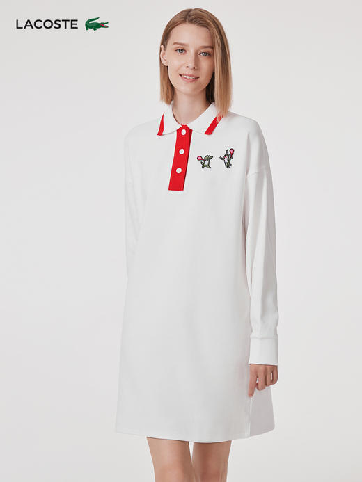 【海南专供价】Lacoste法国鳄鱼女装学院风卡通logo拼色长袖Polo领连衣裙EF7405-98 商品图3