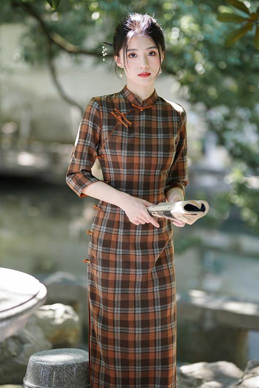 新款民国风，格子旗袍七分袖文艺气质修身优雅连衣裙GSJ-3394 商品图0