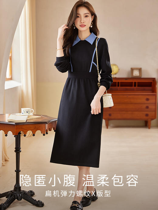 熙世界假两件长袖连衣裙女2025秋新款显瘦撞色衬衫领卫衣裙高级感 商品图1
