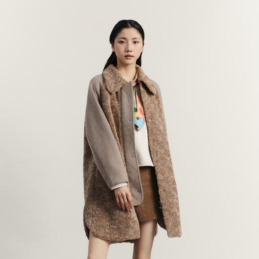 谜底毛毛拼接呢子大衣女2023冬特色绣花中长款外套女234MD1572 商品图0
