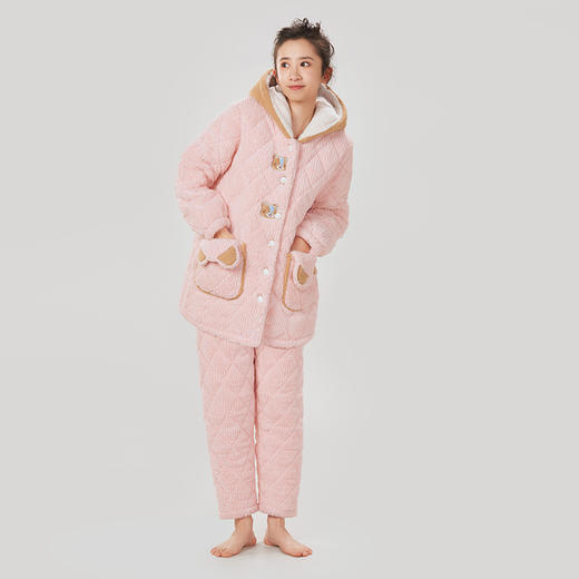 都市丽人舒适外出女士睡衣北极绒提花夹棉加厚款长袖长裤类家居服套装LH31L6 商品图1