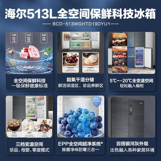 海尔（Haier）冰箱十字对开门银河灰全空间保鲜科技冷冻智能恒温全变温空间一级变频电冰箱BCD-513WGHTD19DYU1 商品图1