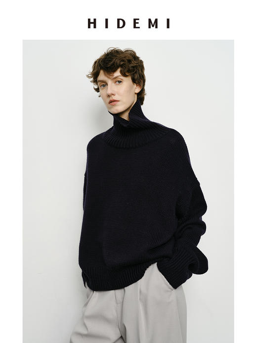 HIDEMI 美利奴羊毛经典极简大廓形粗针高领大毛衣 乌木棕/藏蓝色/白色 商品图10