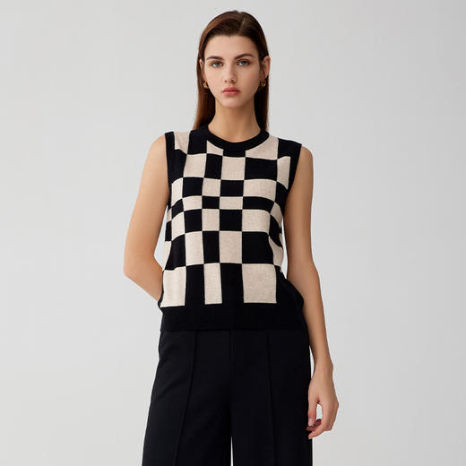 【无袖方格羊绒背心】羊绒世家23年秋冬新品女士100%山羊绒内搭毛衣 商品图0