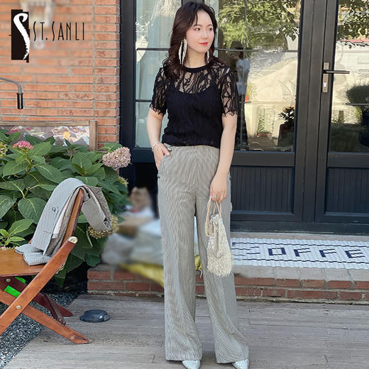 ST.SANLI【定制系列】经典剪裁黑白格直筒长裤GA123C01 商品图0