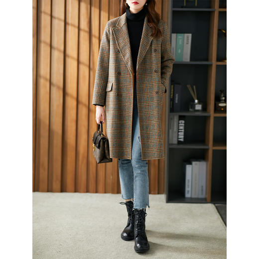 【秋季新款】中长款格子双面呢羊毛大衣女2023秋冬新款时尚英伦风女士外套 商品图0
