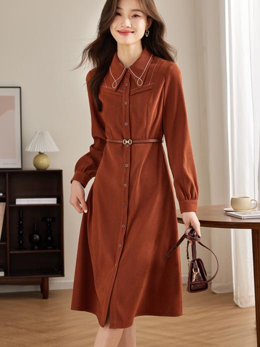 【专属特价】熙世界绒感磨绒连衣裙女长袖2025年秋冬新款高级感刺绣翻领衬衫裙 商品图0