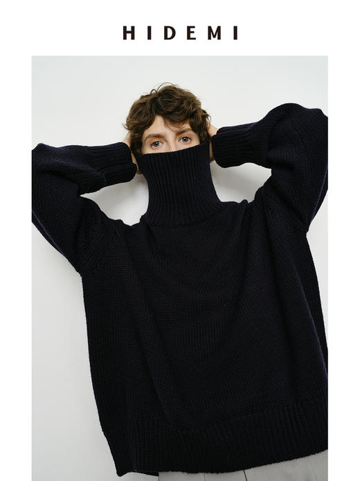 HIDEMI 美利奴羊毛经典极简大廓形粗针高领大毛衣 乌木棕/藏蓝色/白色 商品图11