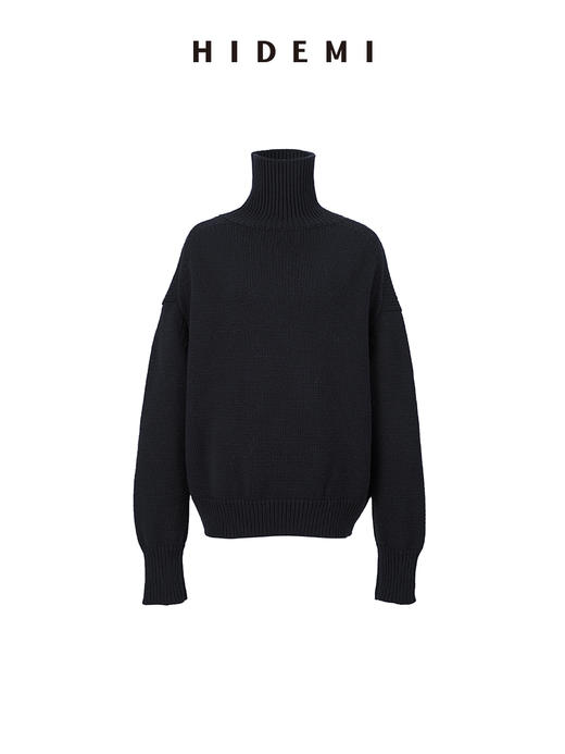 HIDEMI 美利奴羊毛经典极简大廓形粗针高领大毛衣 乌木棕/藏蓝色/白色 商品图12