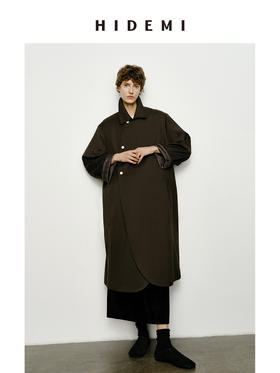 HIDEMI 极简不对称设计感撞钉深棕绿条纹卷边精纺羊毛廓形风衣