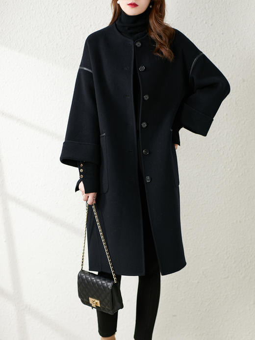 【秋季新款】无领双面羊绒大衣女中长款2023秋冬新款黑色高贵时尚毛呢外套 商品图0
