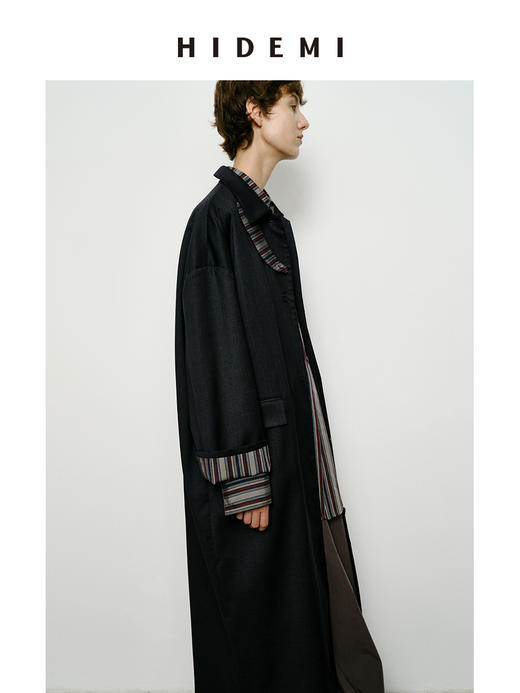 HIDEMI 精纺羊毛廓形条纹翻边复古长款飘领设计感风衣 商品图4