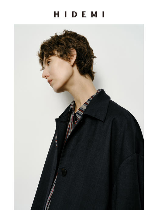 HIDEMI 精纺羊毛廓形条纹翻边复古长款飘领设计感风衣 商品图3