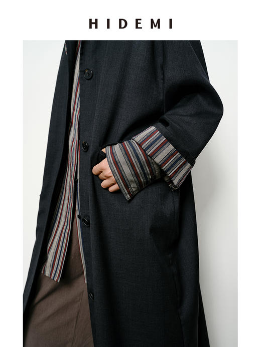 HIDEMI 精纺羊毛廓形条纹翻边复古长款飘领设计感风衣 商品图6