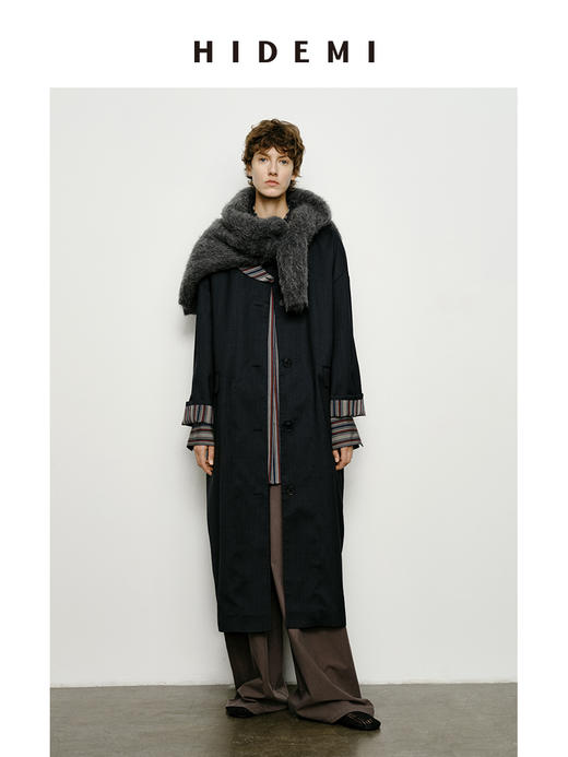 HIDEMI 精纺羊毛廓形条纹翻边复古长款飘领设计感风衣 商品图1