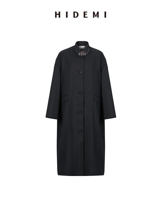 HIDEMI 精纺羊毛廓形条纹翻边复古长款飘领设计感风衣 商品图14