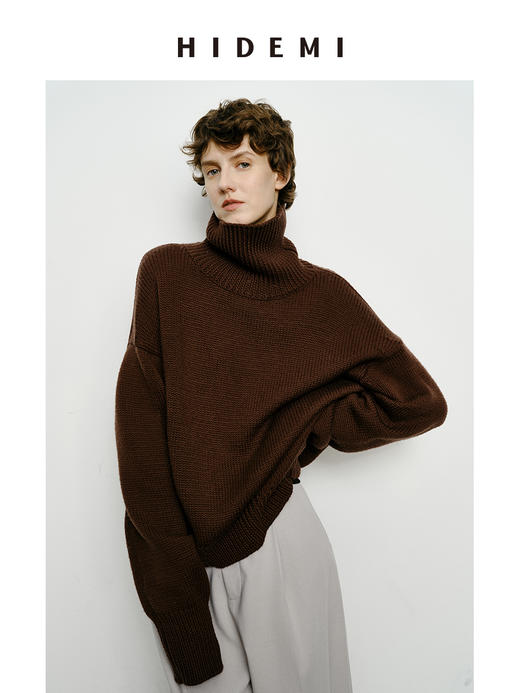 HIDEMI 美利奴羊毛经典极简大廓形粗针高领大毛衣 乌木棕/藏蓝色/白色 商品图6