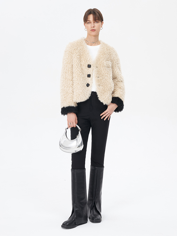 Self Who杏色环保皮草外套女冬2023新款洋气高级感小个子短款上衣