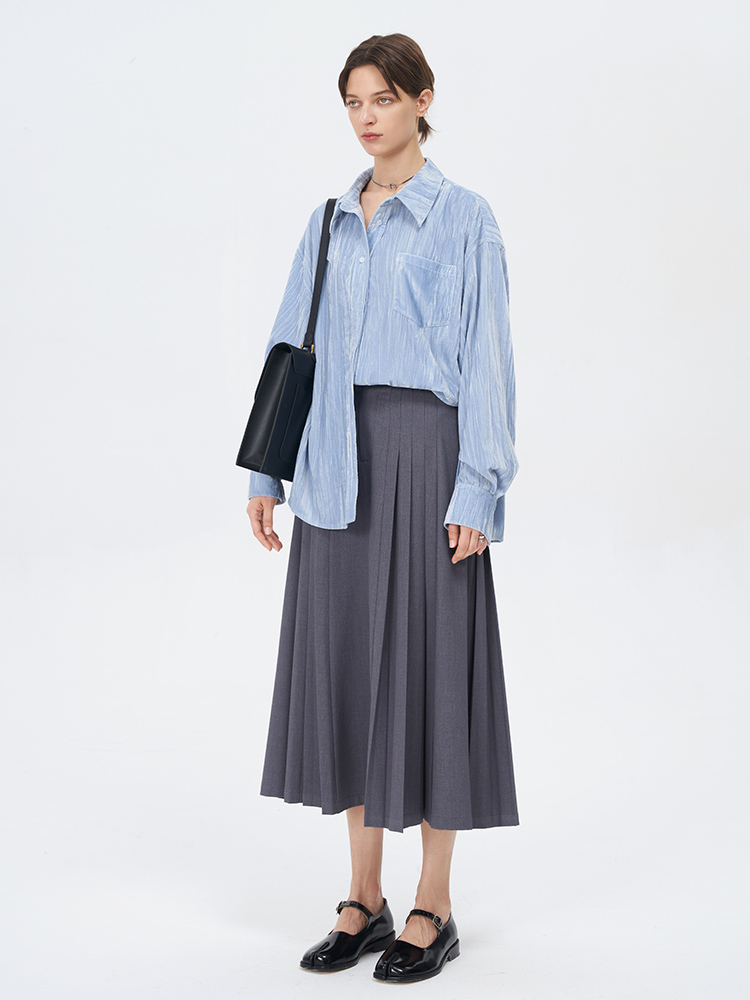 Self Who短纤包覆纱半身裙女秋冬2023新款高级感高腰显瘦百褶裙子