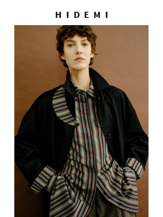 HIDEMI 精纺羊毛廓形条纹翻边复古长款飘领设计感风衣 商品图13