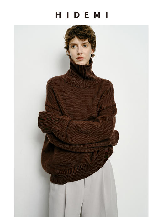 HIDEMI 美利奴羊毛经典极简大廓形粗针高领大毛衣 乌木棕/藏蓝色/白色 商品图0