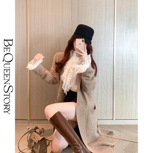 BeQueenStory【歌德情诗】韩版休闲百搭气质长款625g山羊绒针织外套 商品图3