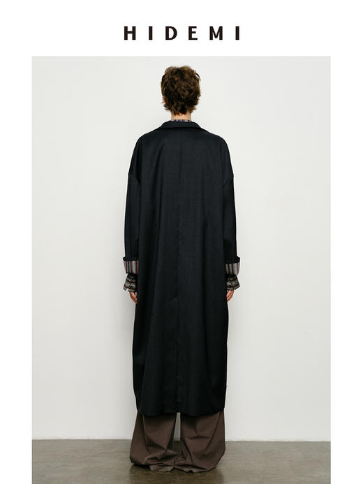 HIDEMI 精纺羊毛廓形条纹翻边复古长款飘领设计感风衣 商品图9