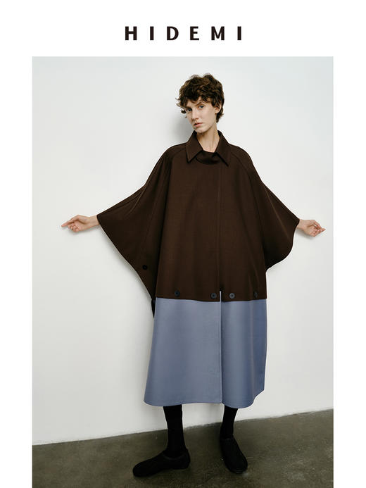 HIDEMI 极简设计感加厚复合可拆卸纽扣多种正反面多种穿法廓形大斗篷式风衣大衣 商品图4