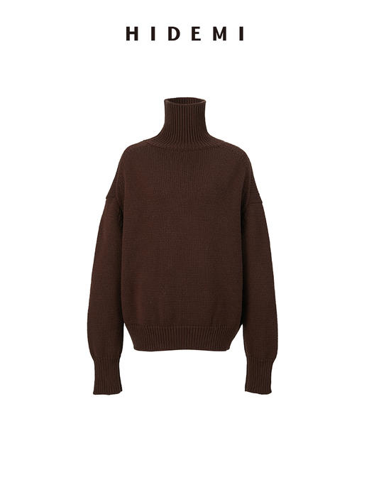 HIDEMI 美利奴羊毛经典极简大廓形粗针高领大毛衣 乌木棕/藏蓝色/白色 商品图14
