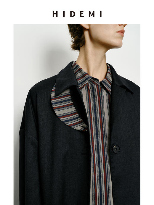 HIDEMI 精纺羊毛廓形条纹翻边复古长款飘领设计感风衣 商品图5