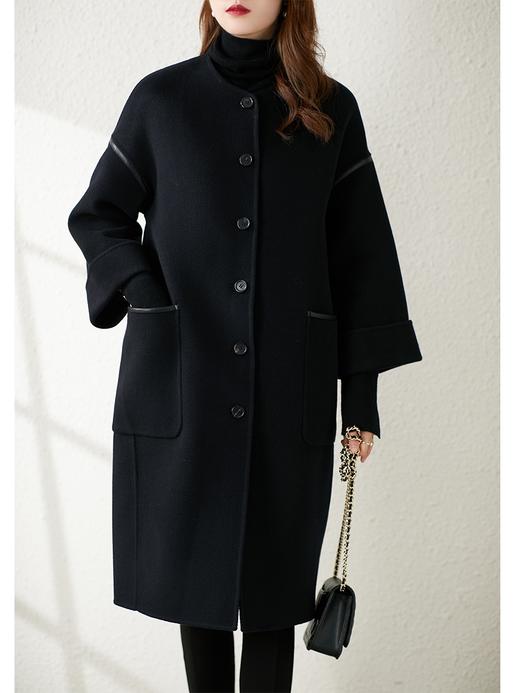 【秋季新款】无领双面羊绒大衣女中长款2023秋冬新款黑色高贵时尚毛呢外套 商品图4