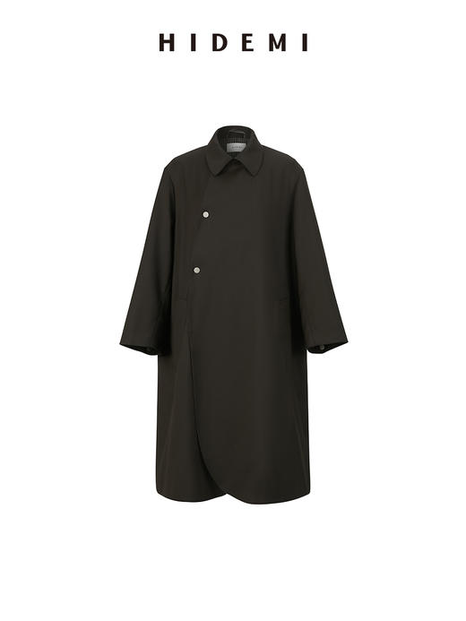 HIDEMI 极简不对称设计感撞钉深棕绿条纹卷边精纺羊毛廓形风衣 商品图10