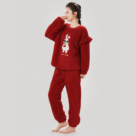 都市丽人生活家居女士睡衣米粒绒厚款长袖长裤类家居服套装新年本命年红品LH32L7 商品图1