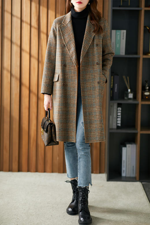 【秋季新款】中长款格子双面呢羊毛大衣女2023秋冬新款时尚英伦风女士外套 商品图5