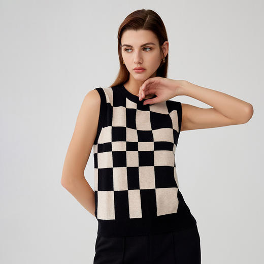 【无袖方格羊绒背心】羊绒世家23年秋冬新品女士100%山羊绒内搭毛衣 商品图1