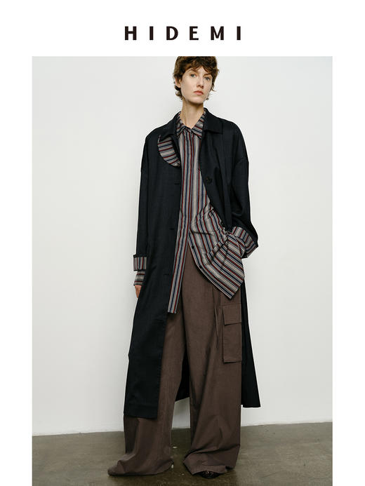 HIDEMI 精纺羊毛廓形条纹翻边复古长款飘领设计感风衣 商品图2