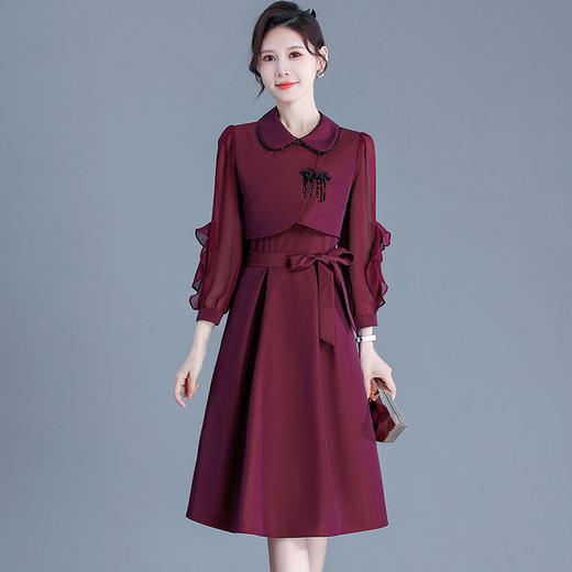 系带修身时尚连衣裙，娃娃领长袖气质A字裙QYM-DFN-A3010-L 商品图0