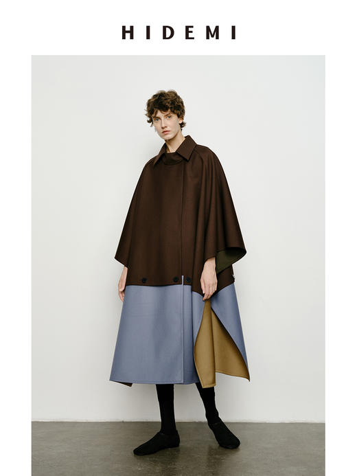HIDEMI 极简设计感加厚复合可拆卸纽扣多种正反面多种穿法廓形大斗篷式风衣大衣 商品图1