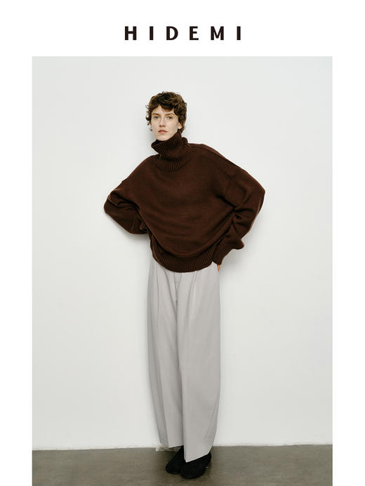 HIDEMI 美利奴羊毛经典极简大廓形粗针高领大毛衣 乌木棕/藏蓝色/白色 商品图5