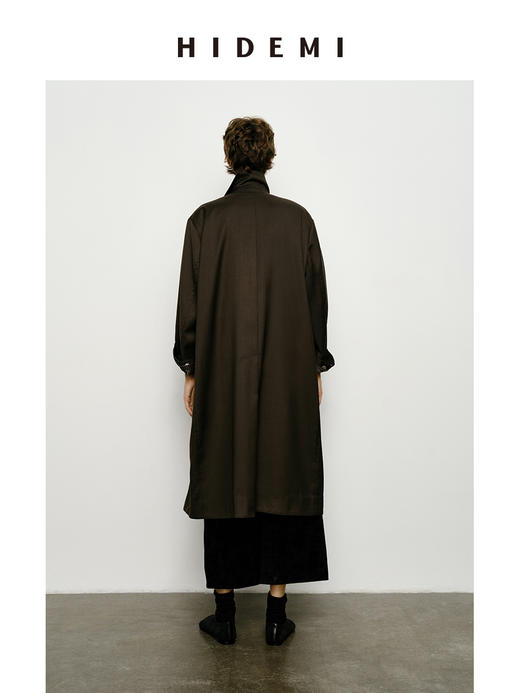 HIDEMI 极简不对称设计感撞钉深棕绿条纹卷边精纺羊毛廓形风衣 商品图3