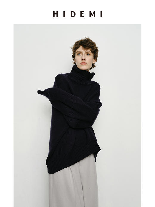 HIDEMI 美利奴羊毛经典极简大廓形粗针高领大毛衣 乌木棕/藏蓝色/白色 商品图9