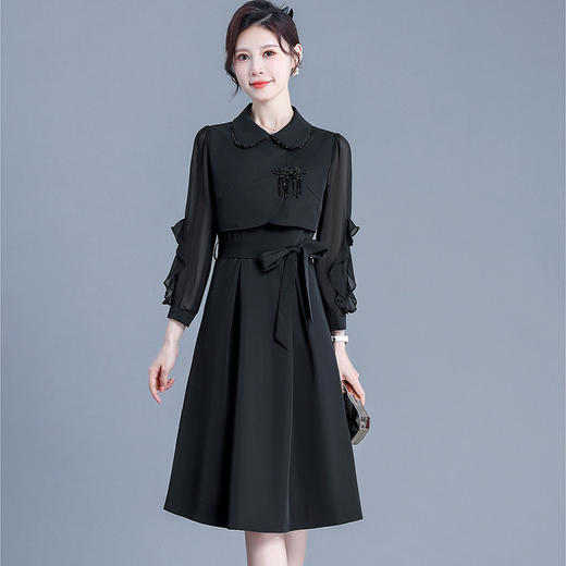 系带修身时尚连衣裙，娃娃领长袖气质A字裙QYM-DFN-A3010-L 商品图1