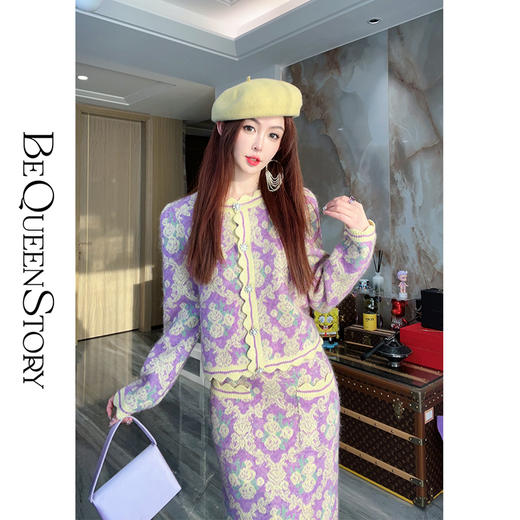 BeQueenStory【古董花房】秋冬长袖印花复古民族风气质羊毛套装女 商品图0