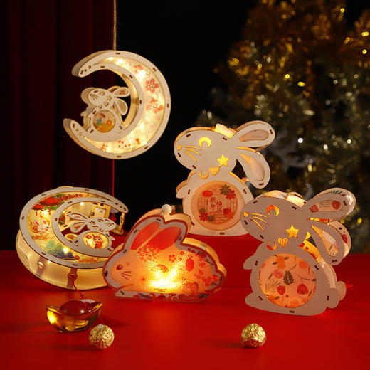 【39元/2手提木框原木花灯】木质中秋节兔子手提灯笼 儿童手工DIY灯笼材料包发光兔 古风汉服花灯 商品图0