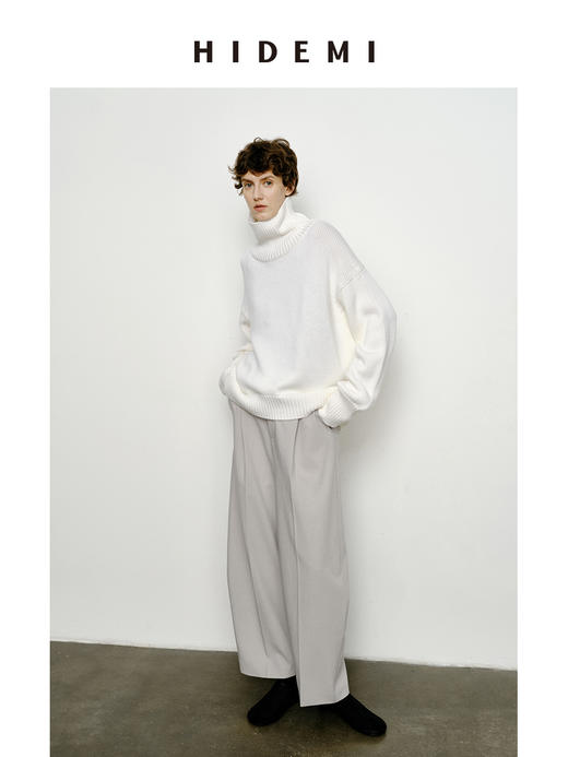 HIDEMI 美利奴羊毛经典极简大廓形粗针高领大毛衣 乌木棕/藏蓝色/白色 商品图2