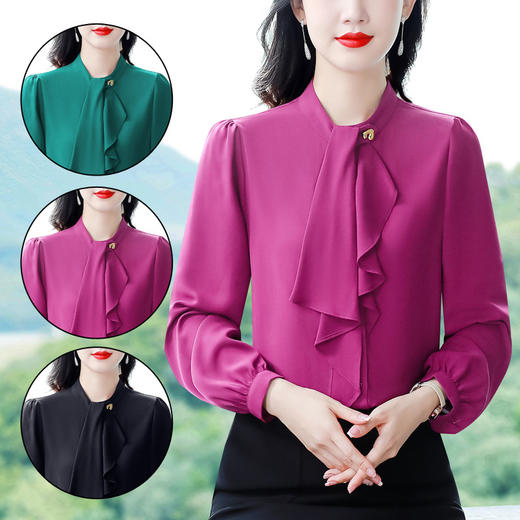 KQLC22N2935 2023秋季新款长袖缎面上衣时尚减龄飘带百搭气质女装洋气小众 商品图0