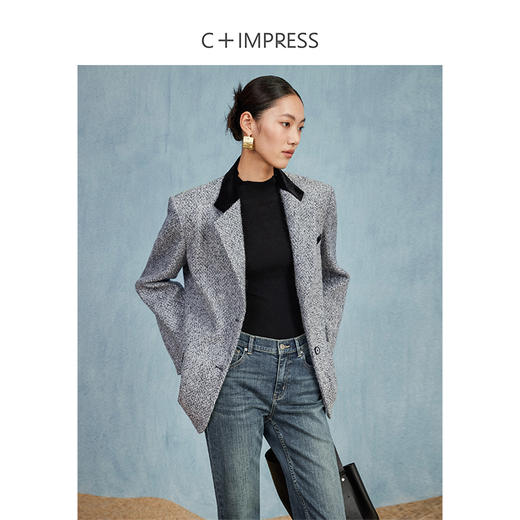 西嘉C+IMPRESS/西嘉老钱风羊毛马海毛西装外套女秋廓型撞色领子设计感WT2303034 商品图0