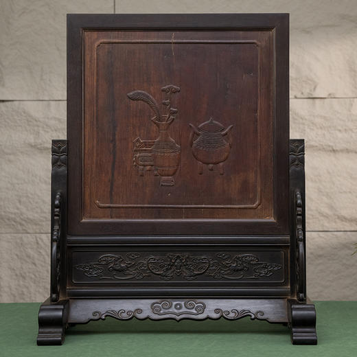 清 紫檀嵌黄花梨浮雕螭龙捧寿插屏 商品图1