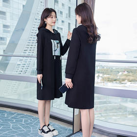 奢姿2023年冬装新款大码女装休闲印花裙子胖妹妹连帽卫衣连衣裙9934825930