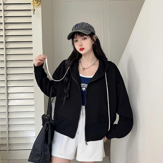 「六色可选」秋装棉质拉链开衫 纯色连帽卫衣 长袖小个子休闲简约短外套女上衣 商品图1